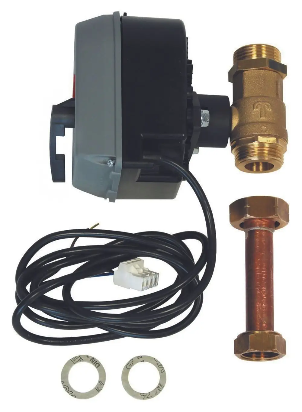 Motorisiertes Kaskadenventil für Trinkwasserstationen, bestehend aus einem Ventil, einem Motor, einer Kupferleitung und Kabeln. Produkt von Vaillant.